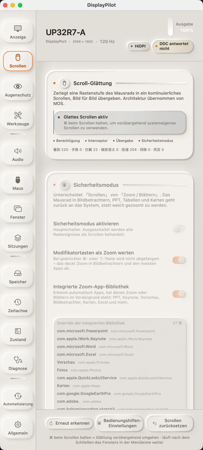Das Panel „Scrollen“: oben Status der Scroll-Glättung und vier Live-Zähler, darunter der Schalter für den Sicherheitsmodus und eine Bibliothek mit 21 integrierten Ausnahmen pro App.