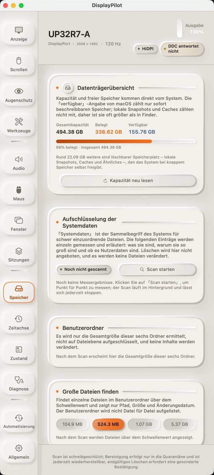 Das Panel „Speicher“: Datenträger-Übersicht, Aufschlüsselung der Systemdaten, persönliche Ordner, Suche nach großen Dateien und bereinigbare Elemente — unten der Hinweis, dass der Scan nur liest und die Bereinigung Dateien nur in Quarantäne verschiebt.
