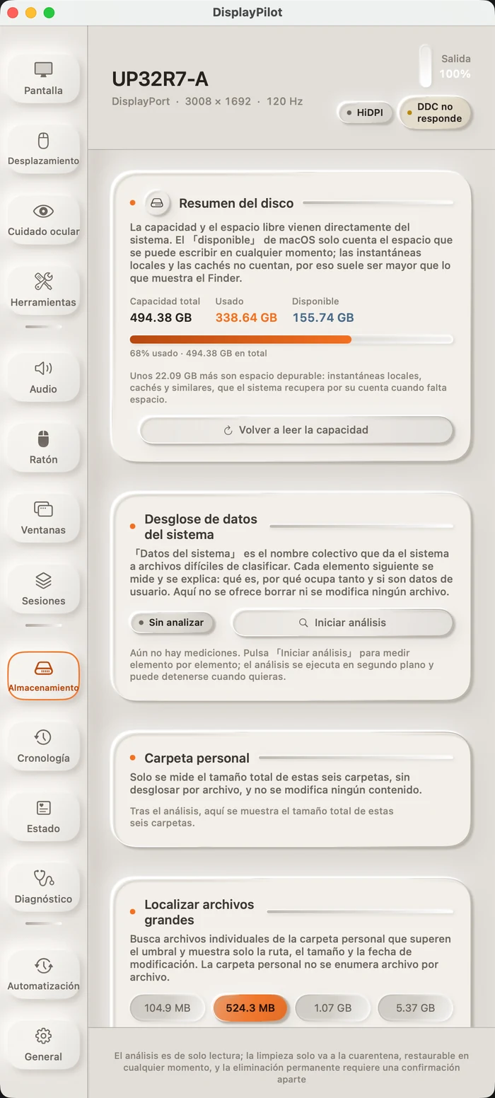 El panel «Almacenamiento»: resumen del disco, desglose de los datos del sistema, carpetas personales, localización de archivos grandes y elementos limpiables, con una nota al pie de que el análisis es de solo lectura y la limpieza solo mueve a cuarentena.