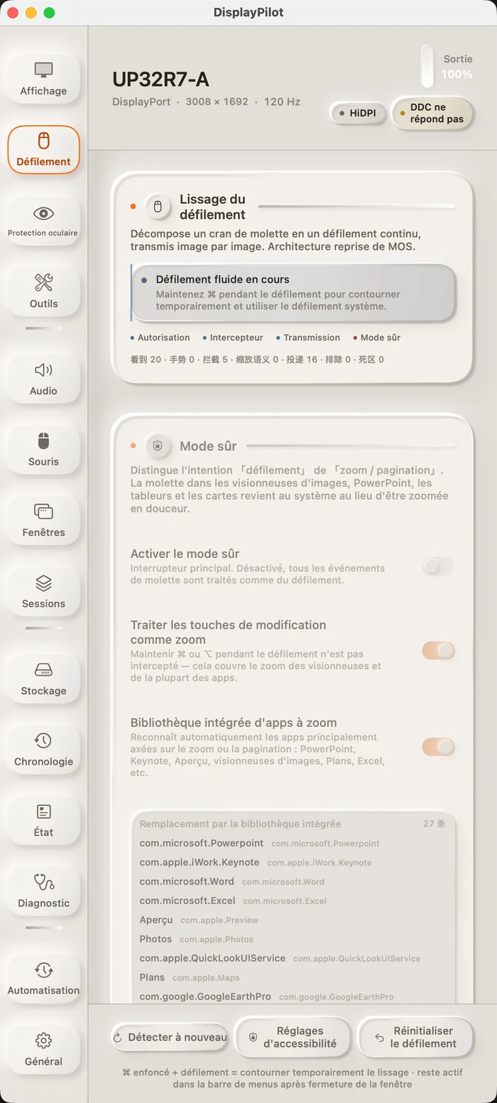Le panneau « Défilement » : en haut l'état du lissage et quatre compteurs en direct, en dessous l'interrupteur du mode sans échec et une bibliothèque de 21 exceptions par app intégrées.