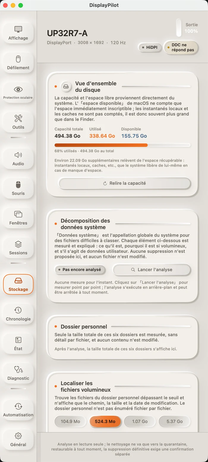 Le panneau « Stockage » : vue d'ensemble du disque, décomposition des données système, dossiers personnels, recherche des gros fichiers et éléments nettoyables — avec, en bas, la mention que l'analyse est en lecture seule et que le nettoyage ne fait que déplacer en quarantaine.